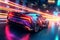 Futuristic thrill ride, Supercar blazes on neon highway with captivating trails