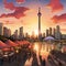 Futuristic Toronto skyline at sunset showcasing modern and traditional architecture