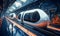 A futuristic train cabin levitates through a tunnel. A hyperloop capsule with a fully self-driving system