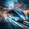 Futuristic Train Propelled by Magnetic Levitation in a Vibrant Metropolis