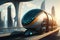 futuristic transit system, with capsule-like vehicles and digital displays, zipping past futuristic cityscape