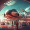 Futuristic travel at the airport, space flight jet of the future