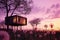 A futuristic treehouse nestled among blooming trees, its spherical structure glowing against a twilight sky filled with