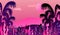 Futuristic tropical landscape with palm trees and plants, neon sunset in style of 80s, purple night background retro