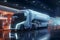 Futuristic truck with hydrogen fuel tank on a background of H2 filling station. Concept