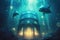 Futuristic Underwater Cityscape with Mermaids and Glowing Lights, generative ai