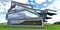 Futuristic unusual shape house constructed on the green lawn in the mountains. 3d rendering
