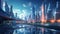 Futuristic urban skyline with glowing holographic billboards