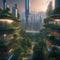 A futuristic utopian cityscape with lush greenery, towering skyscrapers, and clean energy1