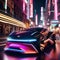 A futuristic vehicle speeding through a neon-lit cityscape, leaving trails of light in its wake4