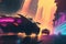 futuristic vehicles racing through a neon-soaked cityscape digital art poster AI generation