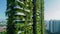 Futuristic Vertical Gardens on City Skyscrapers. Modern skyscrapers with integrated vertical gardens against a cityscape