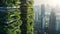 Futuristic Vertical Gardens on City Skyscrapers. Modern skyscrapers with integrated vertical gardens against a cityscape