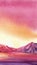 Futuristic watercolor blurred landscape. Colorful sky gradient from crimson to light yellow above purple mountains on deserted