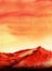 Futuristic watercolor landscape of crimson mountains and orange shining sunset gradient sky. Alien nature of Mars. Hand drawn