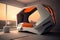 A Futuristic White Bed with Warm Orange Accents Merging Modern Design and Cutting-Edge Comfort Technology - Revolutionizing Sleep