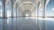 Futuristic white corridor with arches reflecting on glossy floor, minimalist sphere centered in a tranquil, spacious