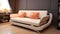 Futuristic White Couch With Orange Pillows - Modern Cream Style Design