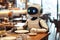 futuristic white robot visitor sits at table in a cafe