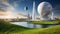 Futuristic white Skyscraper city on beautiful grass, big jupiter planets in the sky, surroun