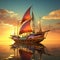 Futuristic Wind Powered Ship With Nostalgic Sunset in Retro Style