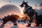 Futuristic Wolf Panorama: Hot Air Balloons Soaring over Snowy Mountains at Sunset. AI generated