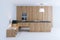 Futuristic wooden kitchen interior design with white flooring 3d render