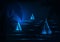 Futuristic yachting regatta concept with glowing low poly sailing boats competition in night sea
