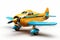Futuristic yellow blue toy airplane isolated on a white background. Concept of kids friendly toys, aviation playthings