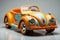 Futuristic yellow toy car on light background. Cartoonish vehicle designed for children. Concept of kids friendly toys