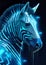 A futuristic zebra with cybernetic enhancements, set in a neon-clad cyberpunk world.