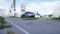 Futuristicflying car very fast driving on highway. Futuristic city concept. 3d rendering.