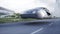 Futuristicflying car very fast driving on highway. Futuristic city concept. 3d rendering.