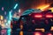 Futuristics car model in orange blue and pink color cyberpunk in dark city downtown background. Transportation and Innovative