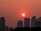 Fuzhou - A panoramic view on the skyline of Fuzhou, China during the sunset. The sky has orangish color