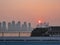 Fuzhou - A panoramic view on the skyline of Fuzhou, China during the sunset. The sky has orangish color