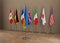 G7 summit. flags of members of G7 group of seven and list of countries and Ukraine flag. Group of Seven. 3d illustration and 3d