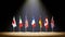 G7 summit or meeting concept. Row from flags of members of G7 group of seven and list of countries, 3d illustration