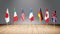 G7 summit or meeting concept. Row from flags of members of G7 group of seven and list of countries, 3d illustration