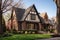 gabled profile shot of tudor home featuring stone and brick base