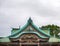 The gabled roof of Hokoku Shrine Haiden in the Osaka Castle. Osaka. Japan