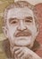 Gabriel Garcia Marquez portrait on Colombia peso banknote closeup macro, great Colombian writer, Nobel Prize winner.