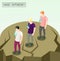 Gadget dependency isometric composition with going people going to edge of abyss looking at their smartphones vector illustration