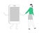 Gadget and Networking Addiction Concept. Young Smiling Woman Walking Together with Huge Smartphone Hand by Hand