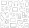 Gadgets and consumer electronics, white background, seamless linear pattern.