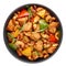 Gai Pad Med Mamuang or Thai Cashew Chicken in black bowl isolated on white. Kai Med Ma Muang is thai cuisine dish