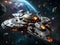galactic cruiser traveling into a asteroids field, sci-fi scenery, generative ai illustration