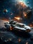 galactic cruiser traveling into a asteroids field, sci-fi, scenery, generative ai illustration