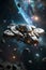 galactic cruiser traveling into a asteroids field, sci-fi scenery, generative ai illustration, space exploration