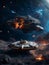 galactic cruiser traveling into a asteroids field, sci-fi scenery, generative ai illustration, space exploration